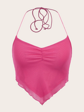 Ruched Tie Backless Hanky Hem Mesh Halter Top